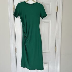 Zara Dress Bodycon Womens M Ruched Green Ribbed Spring